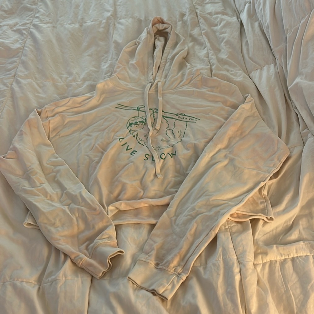 Pura Vida cropped hooded sweatshirt sloth pink/cream mixed coloring size M